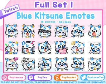 18 x schattig blauw Kitsune-emotespakket voor Twitch Youtube en Discord | Volledige set 1
