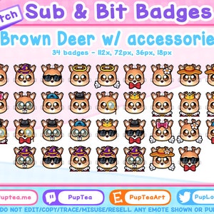 34x Cute Brown Deer Twitch Sub Badges / Cheer Bit Badges | Accessory Set