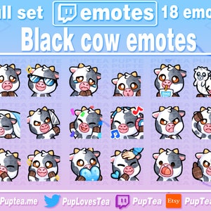 18x Cute Black Cow Emotes Pack for Twitch Youtube and Discord | Full Set 1