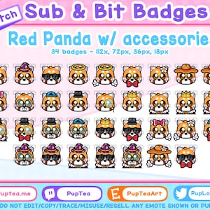 34 insignias de suscripción de Twitch de Panda Rojo, insignias de animación y conjunto de accesorios