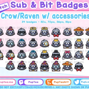 34x Cute Crow / Raven Twitch Sub Badges / Cheer Bit Badges | Zestaw akcesoriów
