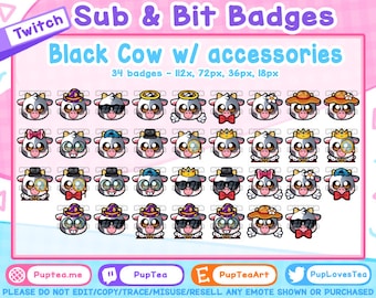 May include: A set of 34 Twitch Sub & Bit Badges featuring a black and white cow with various accessories. The badges are in four sizes: 72px, 36px, and 18px. The accessories include a crown, a hat, sunglasses, a bow tie, and a flower.