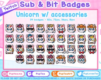 34x Cute Unicorn Twitch Sub Badges / Cheer Bit Badges | Accessory Set