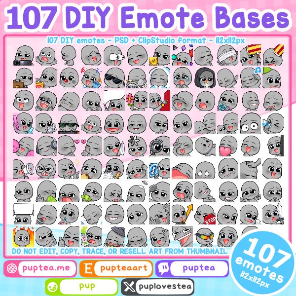 107x DIY Cute Emote Bases for Twitch, Youtube or Discord | Emote Base Pack 2 | Draw your own emotes | Emote Template
