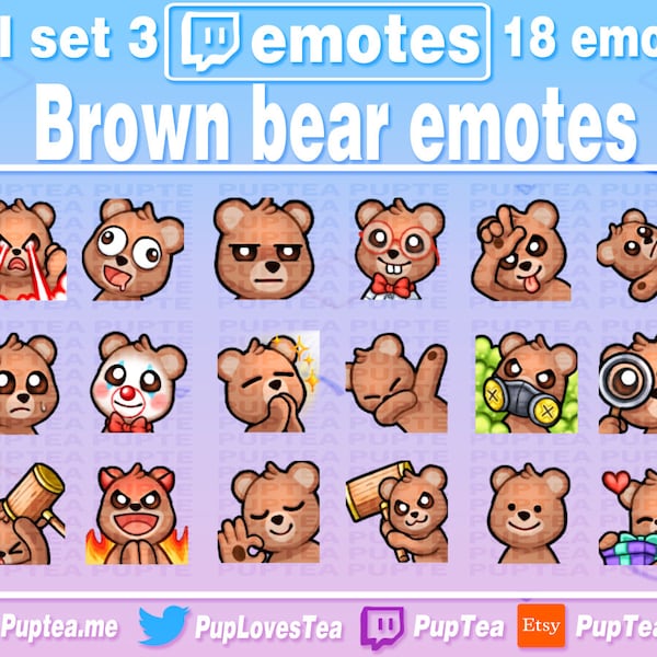 18x Cute Brown Bear Emotes Pack for Twitch Youtube and Discord | Full set 3