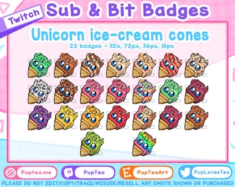 23x Cute Unicorn Twitch Sub Badges / Cheer Bit Badges | Ice Cream Cone Set