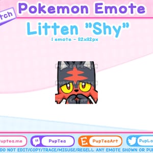 Op de afbeelding: Een Twitch-emote met een cartoon Litten Pokémon met rood en zwart bont, gele ogen en een verlegen uitdrukking. De tekst "Litten "Shy"" en "I emote - 112xl12px" wordt onder de afbeelding weergegeven.