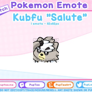 Puede incluir: Una ilustración digital de un personaje Pokémon gris y blanco con un sombrero blanco saludando. El personaje se llama Kubfu y el emote se llama "Salute". El texto "Twitch Pokemon Emote" está en la parte superior de la imagen. El texto "I emote - 112xl12px" está debajo del personaje.