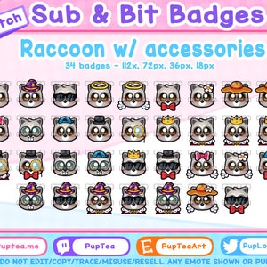 34x Cute Raccoon Twitch Sub Badges / Cheer Bit Badges | Accessory Set