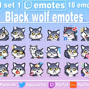 Paquete de 18 emoticones de lobo negro para Twitch, YouTube y Discord (conjunto completo)