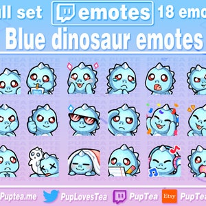 18x Cute Blue Dinosaur Emotes Pack for Twitch Youtube and Discord | Full Set 1