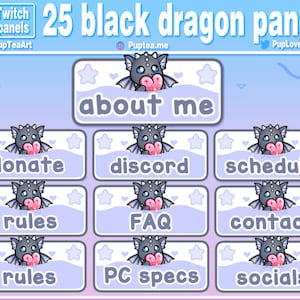 25x Cute Grey / Black Dragon Twitch Panels / Twitch Streamer Panels