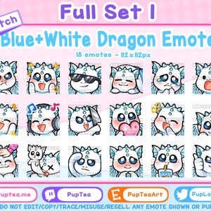 18x Cute Blue and White Dragon Emotes Pack for Twitch Youtube and Discord | Full set 1