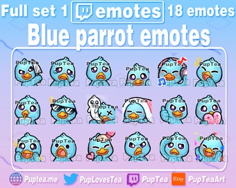18x Söta Blå Papegoja-Emotes-Paket för Twitch, Youtube och Discord | Komplett Set 1