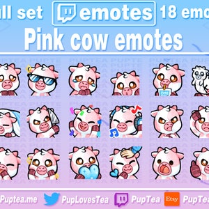 18x Cute Pink Cow Emotes Pack for Twitch Youtube and Discord | Full Set 1