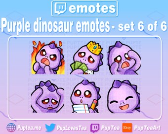 Paquete de 6 emoticonos de dinosaurios morados adorables para Twitch, YouTube y Discord / Conjunto 6