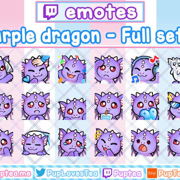 18x Cute Purple Dragon Emotes Pack for Twitch Youtube and Discord | Full Set 1