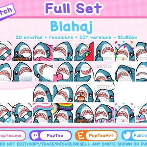 Lot de 20 emotes mignons requins Blahaj pour Twitch, Youtube et Discord | Ensemble complet