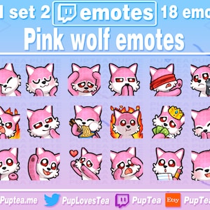 18x Cute Pink Wolf Emotes Pack for Twitch Youtube and Discord | Full Set 2