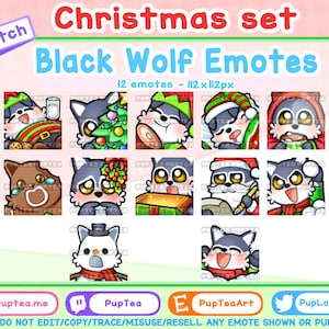Op de afbeelding: Een set van 12 Twitch-emotes met kerstthema, met een zwarte wolf in verschillende poses en uitdrukkingen. De emotes zijn 112 x 112 pixels groot en bevatten afbeeldingen van de wolf met een kerstmanmuts, een kerstboom vasthoudend en een sneeuwpopkostuum.