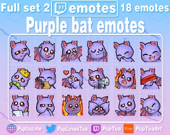 18x Cute Purple Bat Emotes Pack for Twitch Youtube and Discord | Full Set 2