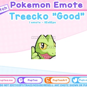 Pode incluir: Gráfico digital com um personagem Pokémon Treecko verde dando um joinha, rotulado como "Good". A imagem inclui o texto "Pokemon Emote" e "Twitch" em uma moldura rosa e roxa. O nome do artista também está incluído.