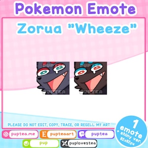 Puede incluir: Una ilustración digital de un emote Pokémon Zorua con el texto "Wheeze" en un marco rosa y azul. El emote está disponible en dos versiones: una versión normal y una versión brillante. El emote mide 122 píxeles por 122 píxeles.
