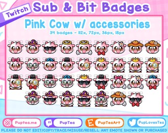 May include: A set of 34 pink cow Twitch badges with various accessories, including hats, glasses, and bows. The badges are in four sizes: 72 pixels, 36 pixels, and 18 pixels. The text "Twitch Sub & Bit Badges" and "Pink Cow w/ accessories" is at the top of the image.
