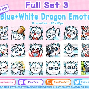 18x Cute Blue and White Dragon Emotes Pack for Twitch Youtube and Discord | Full set 3