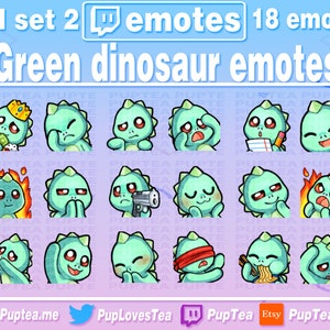 18x Cute Green Dinosaur Emotes Pack for Twitch Youtube and Discord | Full set 2