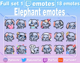 Paquete de 18 emoticonos de elefantes adorables para Twitch, YouTube y Discord / Conjunto completo 1