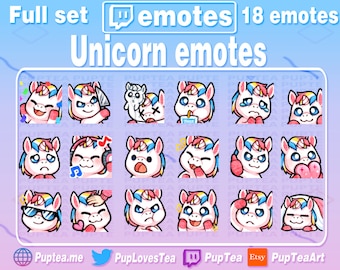 18x Pakiet uroczych emotikonów jednorożca dla Twitch Youtube i Discord | Pełny zestaw 1