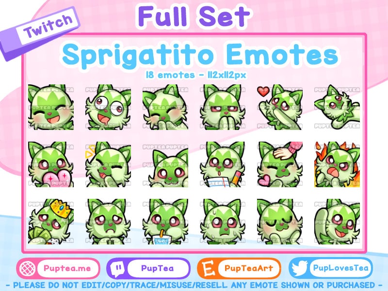 18 x schattig Pokemon Sprigatito-emotespakket voor Twitch Youtube en Discord | Volledige set