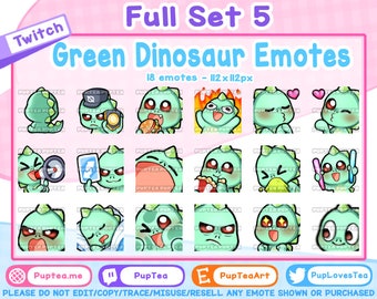 Pacote com 18 emotes fofos de dinossauro verde para Twitch, YouTube e Discord | Conjunto completo 5