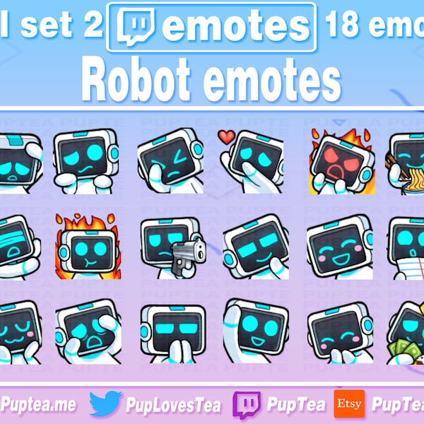 Pack de 18 emotes robots mignons pour Twitch, Youtube et Discord | Ensemble complet 2