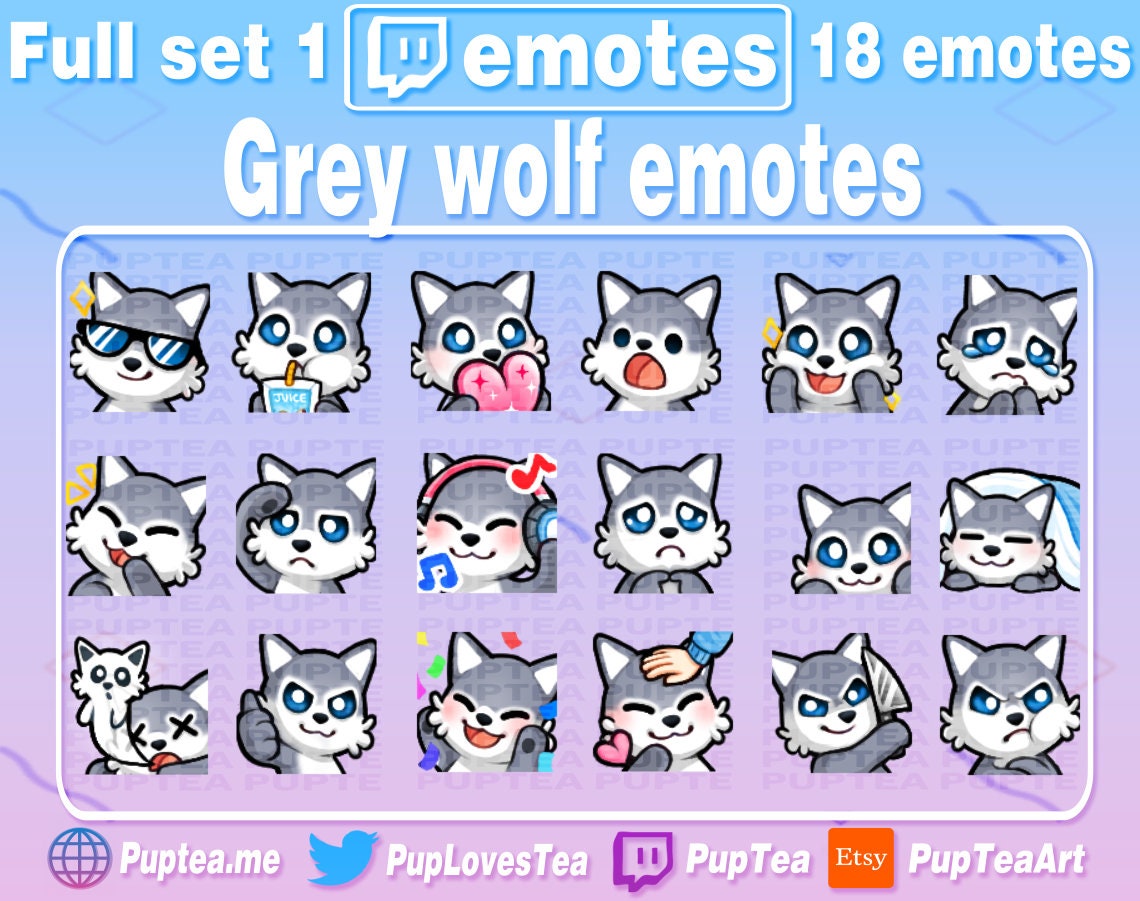 18x Cute Grey Wolf Emotes Pack for Twitch Youtube and Discord Full Set