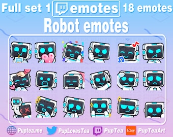 18x Pakiet uroczych emotikon robotów na Twitch Youtube i Discord | Pełny zestaw 1