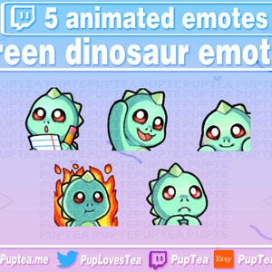 5x schattige geanimeerde groene dinosaurus-emotes voor Twitch Youtube en Discord | Geanimeerde twitch-emotes