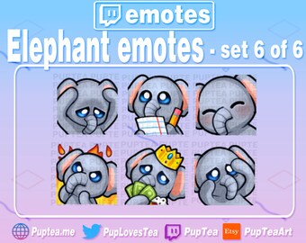 Paquete de 6 emoticonos de elefante adorables para Twitch, YouTube y Discord / Conjunto 6