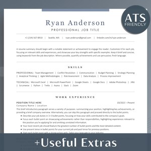 May include: A black and white resume template with the text "ATS Friendly" in a circle at the top right corner. The resume is for Ryan Anderson, who is applying for a professional job title. The resume includes a summary, skills, work experience, and a section for "Useful Extras".