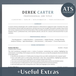 May include: A resume template with the text "ATS Friendly" in a circle at the top right corner. The resume is for Derek Carter, who is applying for a professional job title. The resume includes a summary, professional skills, and work experience sections. The resume also includes a section for "Useful Extras".