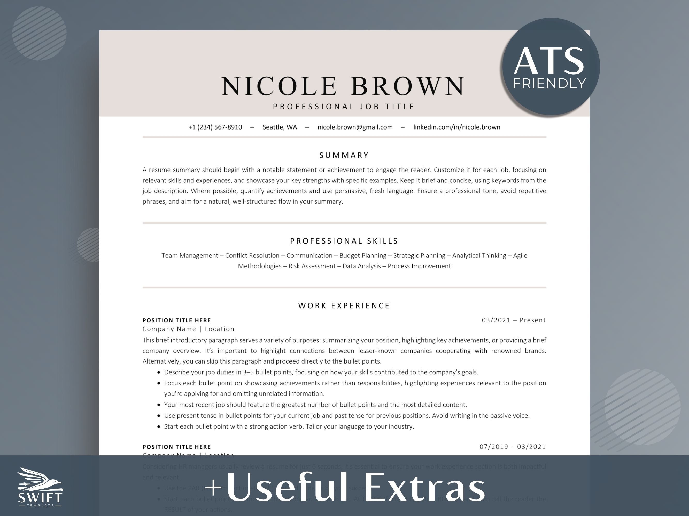 Professional ATS Friendly Resume Template for Word and Google Docs ...
