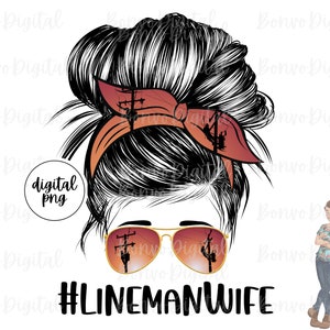 May include: A digital illustration of a woman with a messy bun hairstyle. She is wearing a red bandana with a silhouette of a lineman working on a power line. The woman is wearing sunglasses with the same silhouette in the lenses. The text #LINEMANWIFE is below the image.