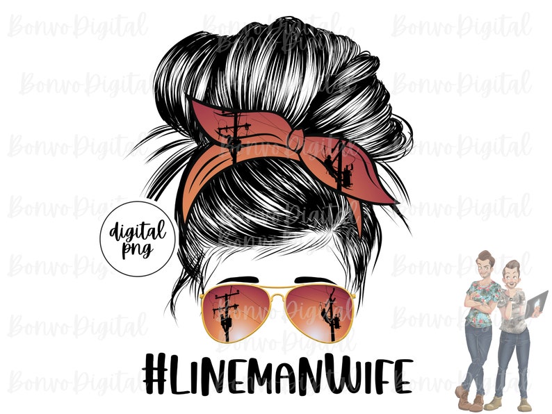 May include: A digital illustration of a woman with a messy bun hairstyle. She is wearing a red bandana with a silhouette of a lineman working on a power line. The woman is wearing sunglasses with the same silhouette in the lenses. The text #LINEMANWIFE is below the image.
