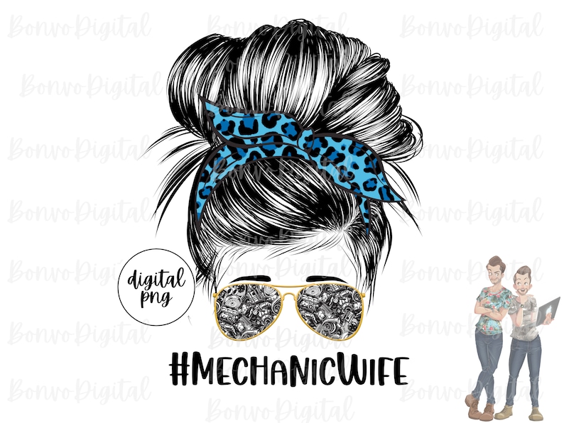 Peut inclure: Illustration num&eacute;rique d'une femme avec un chignon d&eacute;coiff&eacute; et un bandeau l&eacute;opard bleu et noir. Elle porte des lunettes de soleil avec un motif noir et blanc. Le texte "#MECHANICWIFE" est sous l'image.