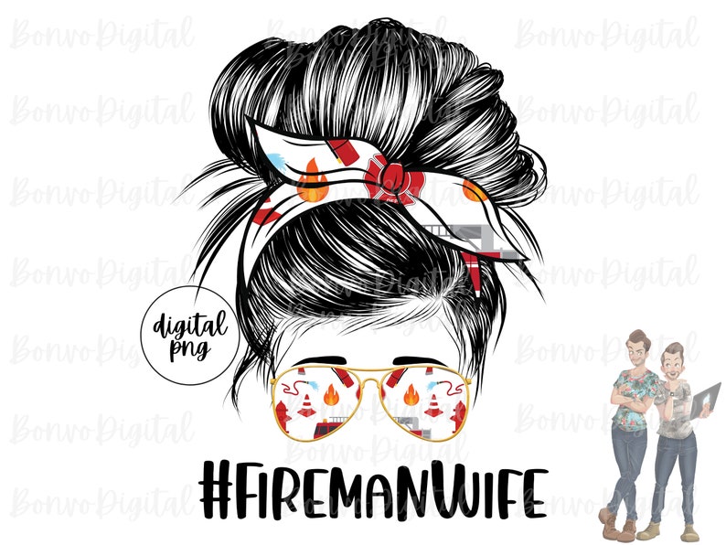 May include: A digital illustration of a woman with a messy bun and a red, white, and blue bandana with fire-related imagery. She is wearing sunglasses with a similar pattern. The text "#FIREMANWIFE" is below the image. Two cartoon men in firefighter uniforms are in the lower right corner.