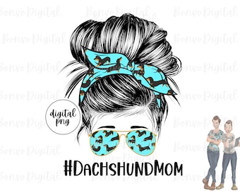 Dachshund Mom Aqua Design, Cute Dachshund Mom Download, Dachshund Design, Messy Bun, Sunglasses, Dog Mom Design, Sublimation, PNG