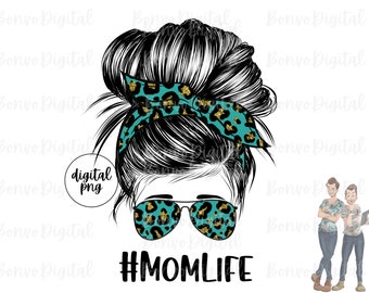 Mom Life Teal Leopard Digital Design, Mom Life Teal Leopard Download, Teal Leopard Mom Sublimation Design, Messy Bun, Sunglasses, Head Band