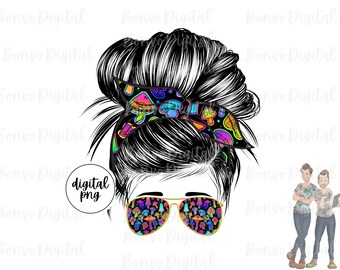 Psychedelic Mushrooms Digital Design, Psychedelic Girl Download, Psychedelic Life Design, Messy Bun, Sunglasses, PNG