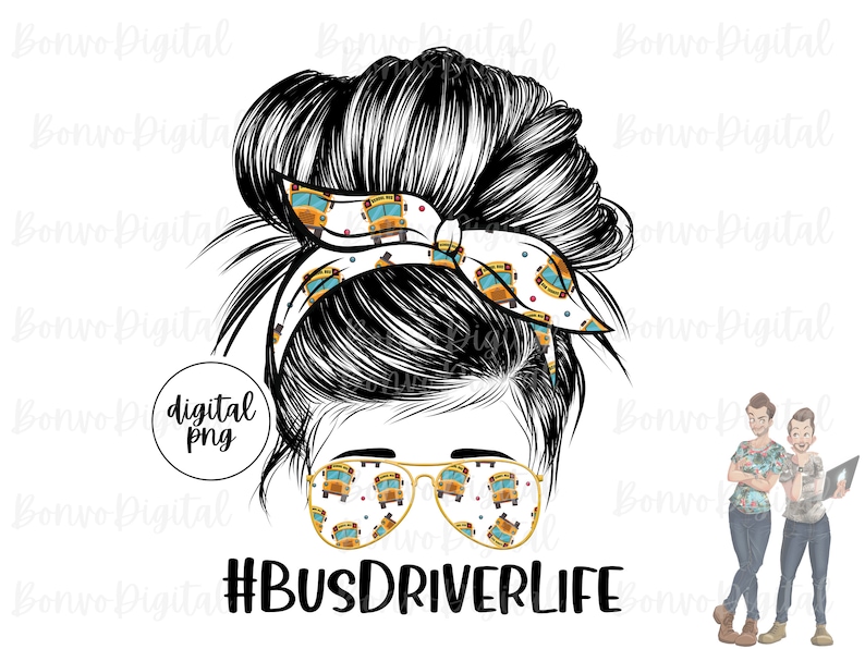 K&ouml;nnte beinhalten: Eine digitale Illustration einer Frau mit einem unordentlichen Dutt, die ein Stirnband mit einem Schulbus-Muster und eine Sonnenbrille mit einem Schulbus-Muster tr&auml;gt. Der Text "#BUSDRIVERLIFE" befindet sich unter dem Bild.